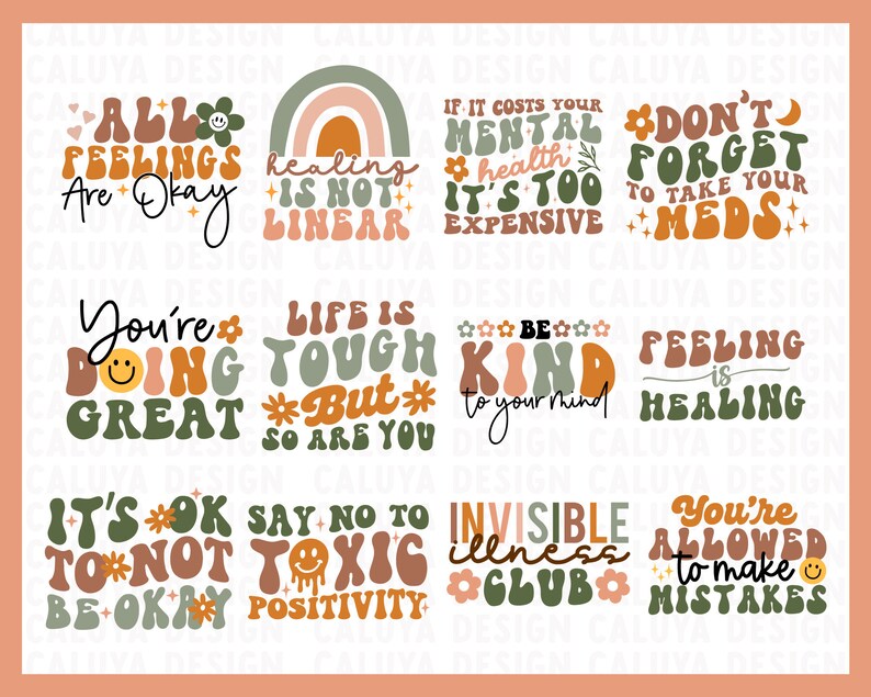 Op de afbeelding: Een set van 10 kleurrijke digitale illustraties met positieve affirmaties en motiverende citaten in een retro 70s-stijl lettertype. De citaten omvatten "Alle gevoelens zijn ok&eacute;", "Genezing is niet lineair", "Als het je mentale gezondheid kost, is het te duur", "Vergeet niet om je medicijnen te nemen", "Je doet het geweldig", "Het leven is zwaar, maar jij ook", "Wees aardig voor je geest", "Voelen is genezen", "Het is ok&eacute; om niet ok&eacute; te zijn", "Zegt nee tegen giftige positiviteit", "Club van onzichtbare ziekten", en "Je mag fouten maken".