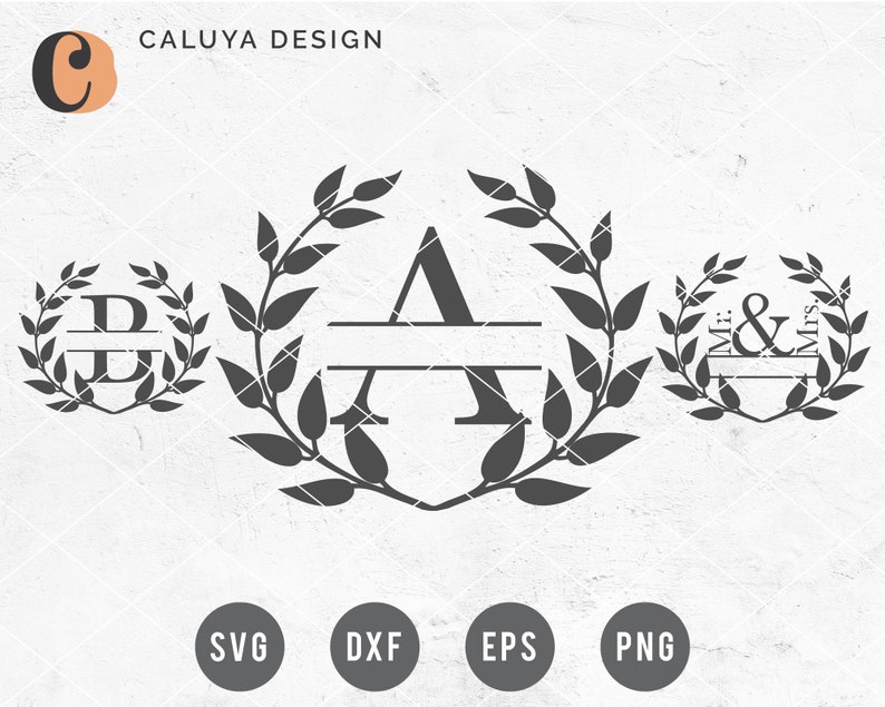 May include: A wedding monogram design with two wreaths of leaves and the letters "D" and "A" with a line between them. The text "Mr. & Mrs." is in the third wreath.