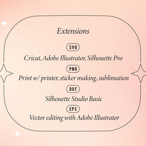 以下が含まれることがあります： ピンクの背景と白い輪郭の円を持つグラフィック。円の頂上に「Extensions」というテキストがあります。円の中に、「SVG、Cricut、Adobe Illustrator、Silhouette Pro、PNG、プリンターで印刷、ステッカー作成、昇華、DXF、Silhouette Studio Basic、EPS、Adobe Illustratorでのベクター編集」というテキストが列挙されています。