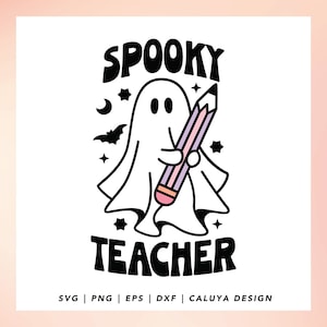 Peut inclure: Une illustration en noir et blanc d'un fant&ocirc;me tenant un crayon rose et violet. Le fant&ocirc;me porte un drap blanc et a un visage amical. Le texte "SPOOKY TEACHER" est &eacute;crit en lettres noires au-dessus du fant&ocirc;me.