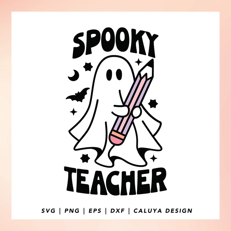 Peut inclure: Une illustration en noir et blanc d'un fant&ocirc;me tenant un crayon rose et violet. Le fant&ocirc;me porte un drap blanc et a un visage amical. Le texte "SPOOKY TEACHER" est &eacute;crit en lettres noires au-dessus du fant&ocirc;me.