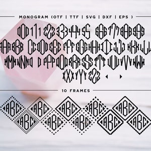 May include: A black monogram font set with numbers and letters in a geometric design. The image includes the text "MONOGRAM" and "10 FRAMES". The font is displayed with a pink background and several frame options.