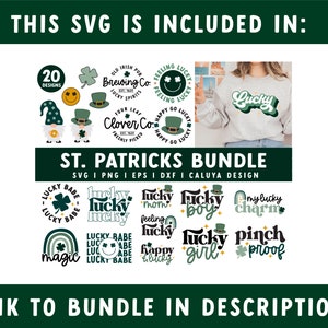 Op de afbeelding: Een digitaal downloadpakket met 20 St. Patrick's Day SVG-ontwerpen met klavertjesvier, kabouters en de tekst "Lucky" in verschillende stijlen. De ontwerpen zijn perfect voor het maken van knutselwerk, shirts en andere projecten.