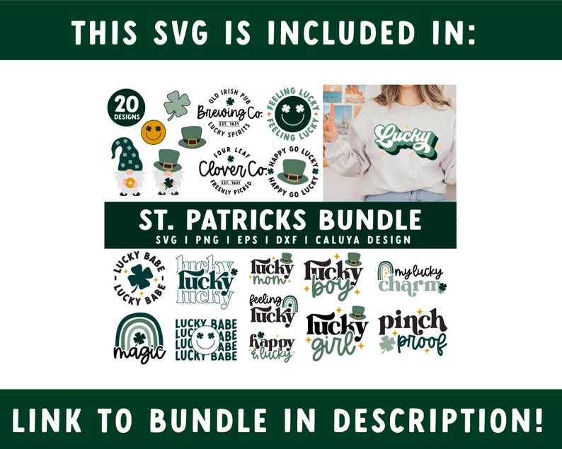 Op de afbeelding: Een digitaal downloadpakket met 20 St. Patrick's Day SVG-ontwerpen met klavertjesvier, kabouters en de tekst "Lucky" in verschillende stijlen. De ontwerpen zijn perfect voor het maken van knutselwerk, shirts en andere projecten.
