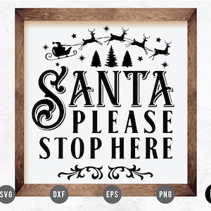 Op de afbeelding: Zwart-wit grafisch ontwerp van Sinterklaas in een slee getrokken door rendieren met de tekst "Santa Please Stop Here".