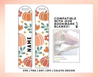 May include: Two printable bookmark designs featuring a fall theme with pumpkins, leaves, and stars. The designs are compatible with our bookmark blanks. The text "NAME" is included on the design.