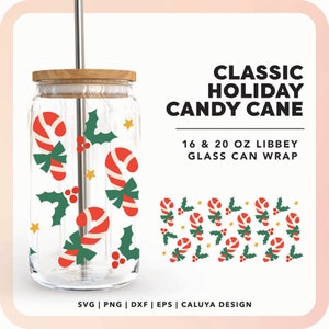 Christmas 16oz Libbey Can Wrap SVG | Candy Cane SVG | Holiday Beer Glass Can Wrap svg | DIY Cup Sublimation Design, Mistletoe svg, Cup Wrap