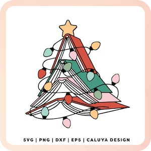 May include: A Christmas tree made of stacked books with a star on top and colorful lights strung around it.