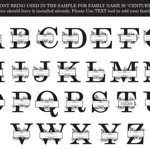 May include: Black and white alphabet letters with decorative floral elements and a blank space for text that says "The Family".