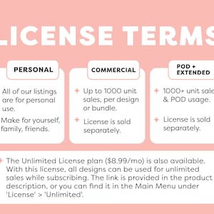 Puede incluir: Un gr&aacute;fico rosa con el texto "LICENSE TERMS" en blanco. Tres columnas con los encabezados "PERSONAL", "COMMERCIAL" y "POD + EXTENDED". Cada columna enumera los t&eacute;rminos de uso de la licencia. El texto en la parte inferior del gr&aacute;fico dice: "El plan de licencia ilimitada ($ 8.99 / mes) tambi&eacute;n est&aacute; disponible. Con esta licencia, todos los dise&ntilde;os se pueden usar para ventas ilimitadas mientras se suscribe. El enlace se proporciona en la descripci&oacute;n del producto, o puede encontrarlo en el men&uacute; principal en 'Licencia' > 'Ilimitado'."