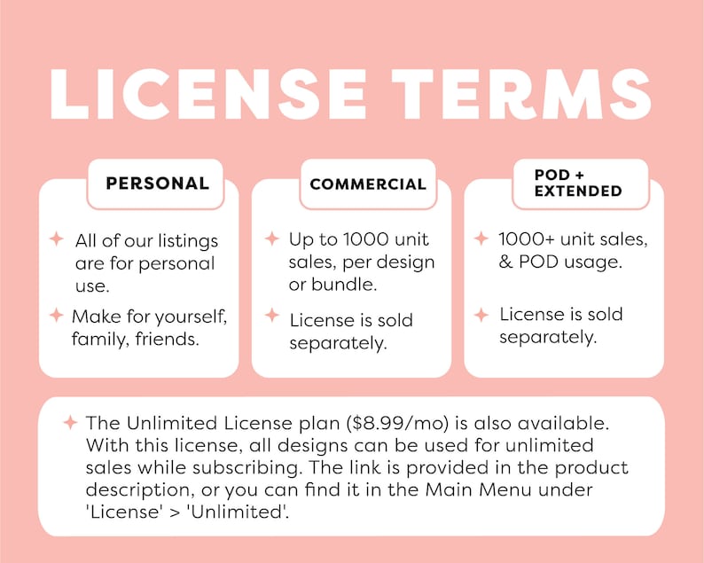 Puede incluir: Un gr&aacute;fico rosa con el texto "LICENSE TERMS" en blanco. Tres columnas con los encabezados "PERSONAL", "COMMERCIAL" y "POD + EXTENDED". Cada columna enumera los t&eacute;rminos de uso de la licencia. El texto en la parte inferior del gr&aacute;fico dice: "El plan de licencia ilimitada ($ 8.99 / mes) tambi&eacute;n est&aacute; disponible. Con esta licencia, todos los dise&ntilde;os se pueden usar para ventas ilimitadas mientras se suscribe. El enlace se proporciona en la descripci&oacute;n del producto, o puede encontrarlo en el men&uacute; principal en 'Licencia' > 'Ilimitado'."
