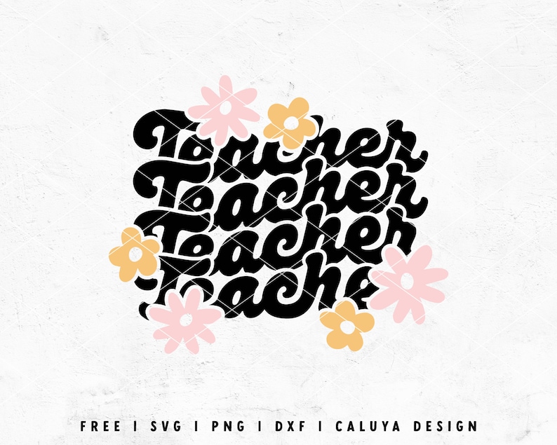 May include: Black and white graphic design with the word "Teacher" repeated four times in a layered, stylized font. The word is surrounded by pink and yellow flowers.