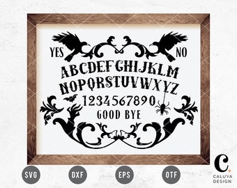 May include: Black and white silhouette of a Ouija board with a crow on each side, a bat, spider, and floral designs. The board includes the alphabet, numbers 1-9 and 0, and the words "YES", "NO", and "GOOD BYE".