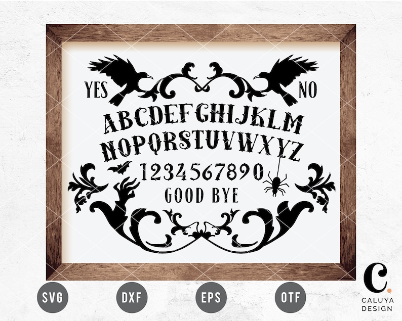 May include: Black and white silhouette of a Ouija board with a crow on each side, a bat, spider, and floral designs. The board includes the alphabet, numbers 1-9 and 0, and the words "YES", "NO", and "GOOD BYE".