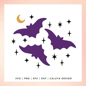 May include: Three purple bats flying in a circle with a crescent moon and stars in the background.