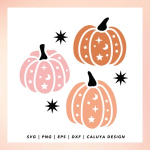 May include: Three orange and pink pumpkins with white stars and crescent moons on them. The pumpkins are on a white background with black stars.