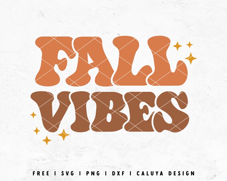 Pode incluir: Texto "Fall Vibes" em uma fonte retr&ocirc; com cores laranja e marrom. O texto &eacute; cercado por pequenas estrelas douradas.