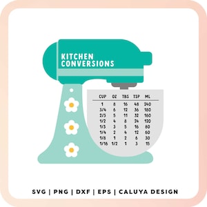 May include: A teal kitchen mixer with a white bowl and a chart of kitchen conversions in cups, ounces, tablespoons, teaspoons, and milliliters. The chart includes fractions of cups, such as 1/2 cup, 1/4 cup, and 1/8 cup.
