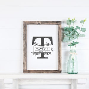 May include: A framed print with a black and white graphic of the letter T with floral accents. The text "The Taylor Family" is inside a rectangle below the letter T.