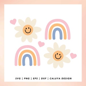 May include: A digital illustration of two rainbows with pink, orange, and blue stripes, two white daisies with yellow centres and smiling faces, and four pink hearts.