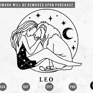 May include: Black and white line art illustration of a woman and a lion embracing within a circle. The circle is decorated with stars and a crescent moon. The text "LEO" is written below the circle.