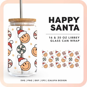 Retro Santa 16oz Libbey Can Wrap svg | Christmas Beer Glass Can Full Wrap svg, Kids Christmas Gift svg, Smiley Face svg, Retro Holiday svg