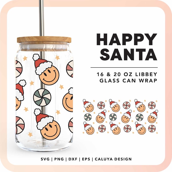 Retro Santa 16oz Libbey Can Wrap svg | Christmas Beer Glass Can Full Wrap svg, Kids Christmas Gift svg, Smiley Face svg, Retro Holiday svg