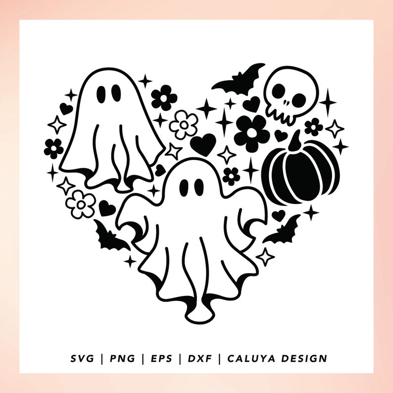 Pode incluir: Ilustra&ccedil;&atilde;o em preto e branco de um formato de cora&ccedil;&atilde;o cheio de imagens com tema de Halloween, incluindo dois fantasmas, uma caveira, uma ab&oacute;bora, morcegos, estrelas e flores.