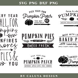 K&ouml;nnte beinhalten: Schwarz-wei&szlig;e grafische Designelemente f&uuml;r einen K&uuml;rbis-Patch zum Thema Herbst. Der Text enth&auml;lt "Every Year I Fall For Pumpkins, Bonfires & Smores, Apples & You", "Pick Your Own Pumpkin Patch", "Farm Fresh Pumpkins", "Pumpkin Pies Baked Fresh", "Made With Love Baked Pies", "Locally Grown Pumpkins".
