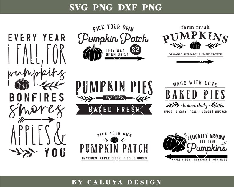K&ouml;nnte beinhalten: Schwarz-wei&szlig;e grafische Designelemente f&uuml;r einen K&uuml;rbis-Patch zum Thema Herbst. Der Text enth&auml;lt "Every Year I Fall For Pumpkins, Bonfires & Smores, Apples & You", "Pick Your Own Pumpkin Patch", "Farm Fresh Pumpkins", "Pumpkin Pies Baked Fresh", "Made With Love Baked Pies", "Locally Grown Pumpkins".