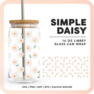 May include: A digital design for a 16 ounce glass can wrap featuring a simple daisy pattern. The design is available in SVG, PNG, DXF, and EPS formats.  The design is called "Simple Daisy" and is by Caluya Design.