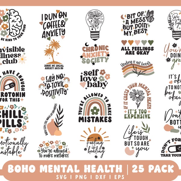 Boho Mental Health SVG Bundle | mental health matter svg | mental health sticker svg | Floral Brain SVG | Self Love svg | Positive Quote SVG