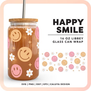 16oz Libbey Can Wrap SVG | Trendy SVG | Smiley Face svg | Groovy svg | Retro Glass Can wrap svg | Libbey Can Design Cricut, Cameo Silhouette