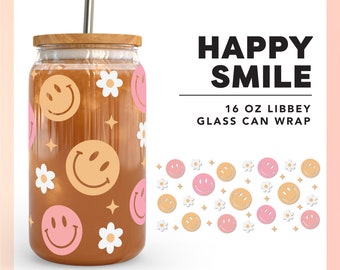 16oz Libbey Can Wrap SVG | Trendy SVG | Smiley Face svg | Groovy svg | Retro Glass Can wrap svg | Libbey Can Design Cricut, Cameo Silhouette