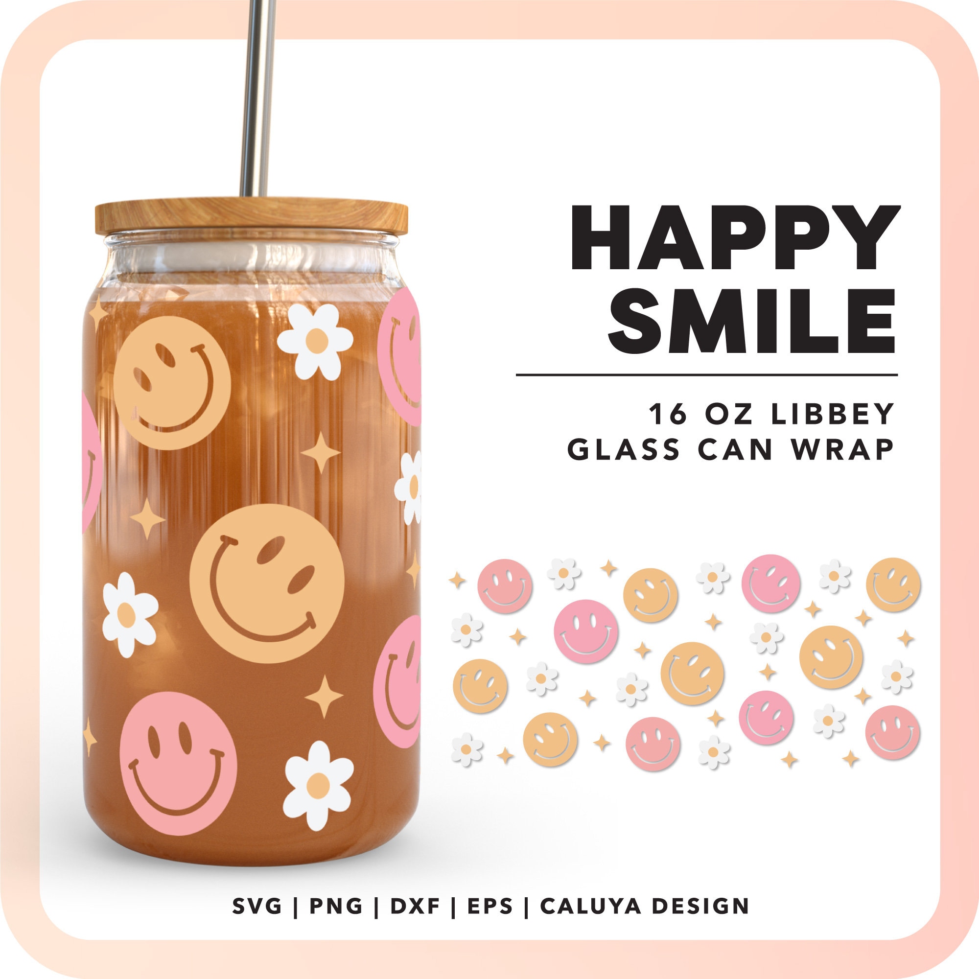 Checkered Smiley Face Drinking Glass With Lid & Straw