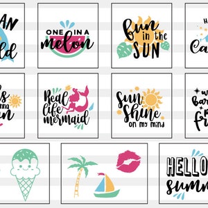 May include: A collection of 12 summer-themed designs featuring text and illustrations. The designs include phrases like "Ocean Child", "One in a Melon", "Fun in the Sun", "Happy Camper", "Girls Just Wanna Have Sun", "Real Life Mermaid", "Sun Shine on My Mind", "Wild Barefoot Plus Free", "Hello Summer", and more. The designs are perfect for creating t-shirts, mugs, tote bags, and other summer-themed crafts.