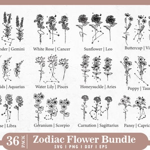 Birth Month Flower SVG Bundle | Zodiac SVG Bundle | Botanical SVG | Wildflower svg | Zodiac Flower svg | Constellation svg | Zodiac Clipart
