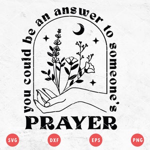 K&ouml;nnte beinhalten: Schwarz-wei&szlig;-Illustration einer Hand, die einen Blumenstrau&szlig; h&auml;lt, mit einem Halbmond und Sternen in einem Bogen &uuml;ber der Hand. Der Text "You could be an answer to someone's prayer" ist um den Bogen herum geschrieben.