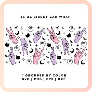 May include: A digital design featuring a repeating pattern of pink and purple hands making the peace sign, black cats, stars, moons, and eyes. The text "16 OZ LIBBEY CAN WRAP" and "GROUPED BY COLOR SVG | PNG | EPS | DXF" are also included in the design.