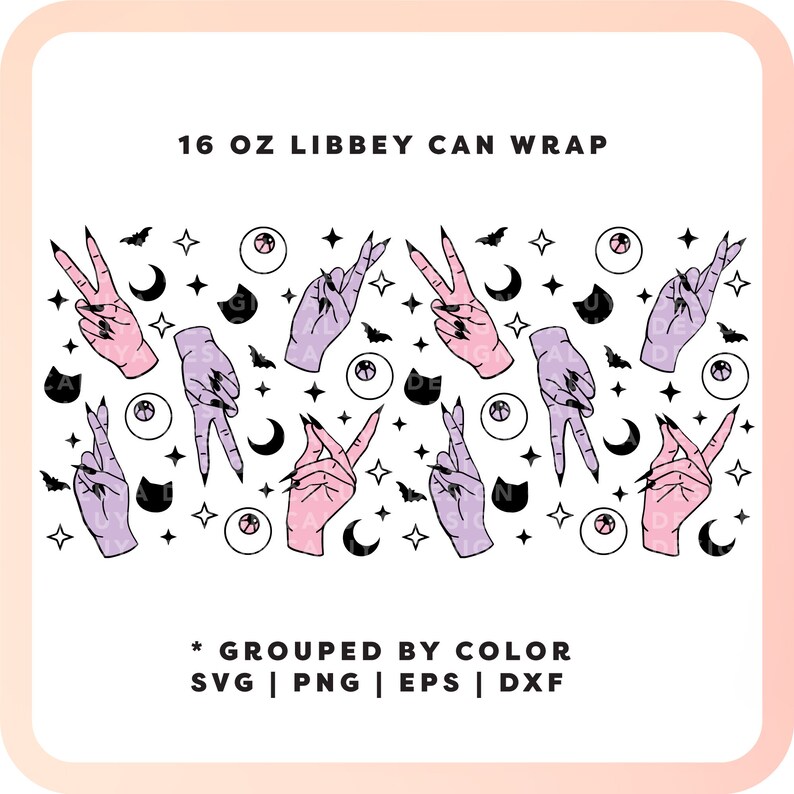 May include: A digital design featuring a repeating pattern of pink and purple hands making the peace sign, black cats, stars, moons, and eyes. The text "16 OZ LIBBEY CAN WRAP" and "GROUPED BY COLOR SVG | PNG | EPS | DXF" are also included in the design.