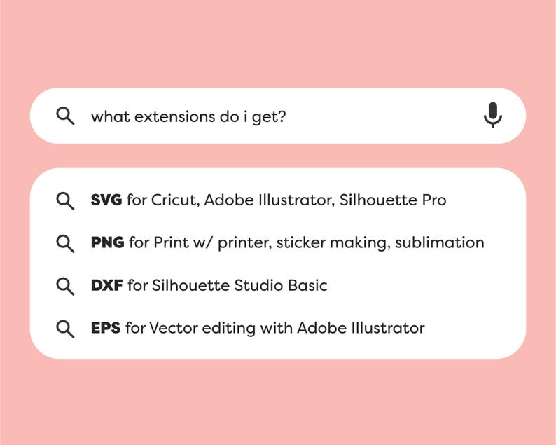 May include: A search bar with the text "what extensions do I get?" and a microphone icon. Below the search bar are four search results with magnifying glass icons and file extensions: SVG, PNG, DXF, and EPS. Each result includes a brief description of the file type and its use.