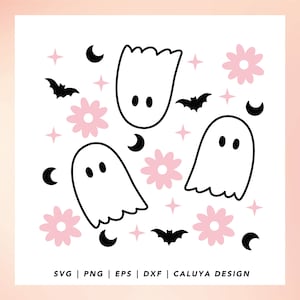 May include: A digital design featuring three white ghosts with black eyes, pink flowers, black bats, and crescent moons on a white background.