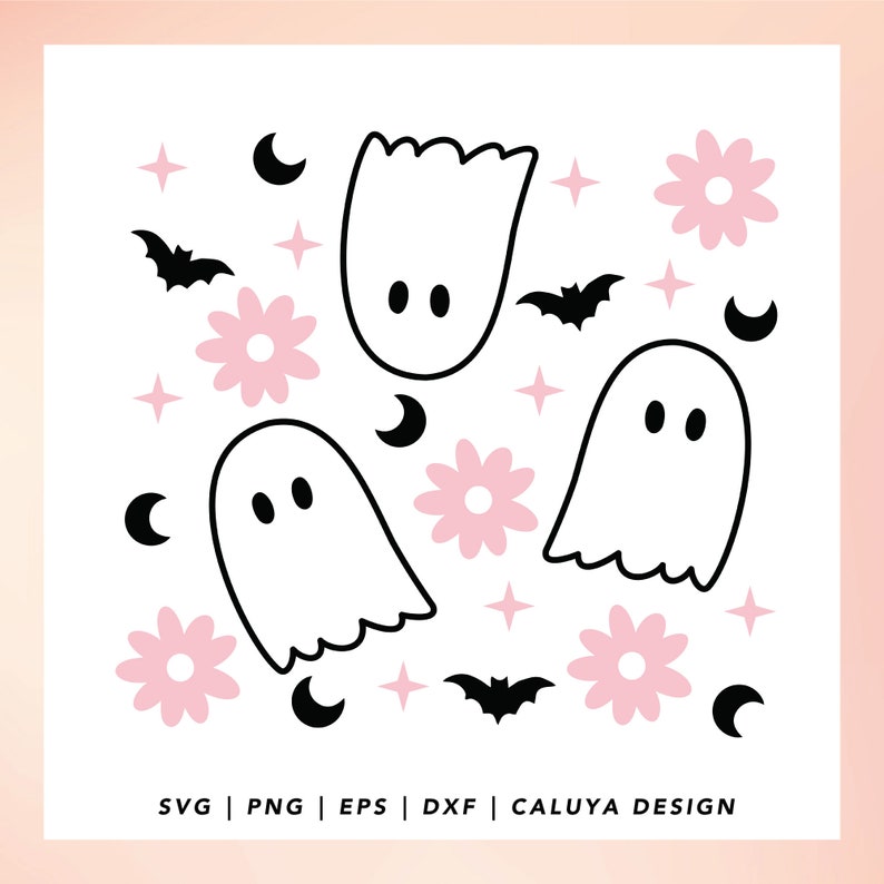 May include: A digital design featuring three white ghosts with black eyes, pink flowers, black bats, and crescent moons on a white background.
