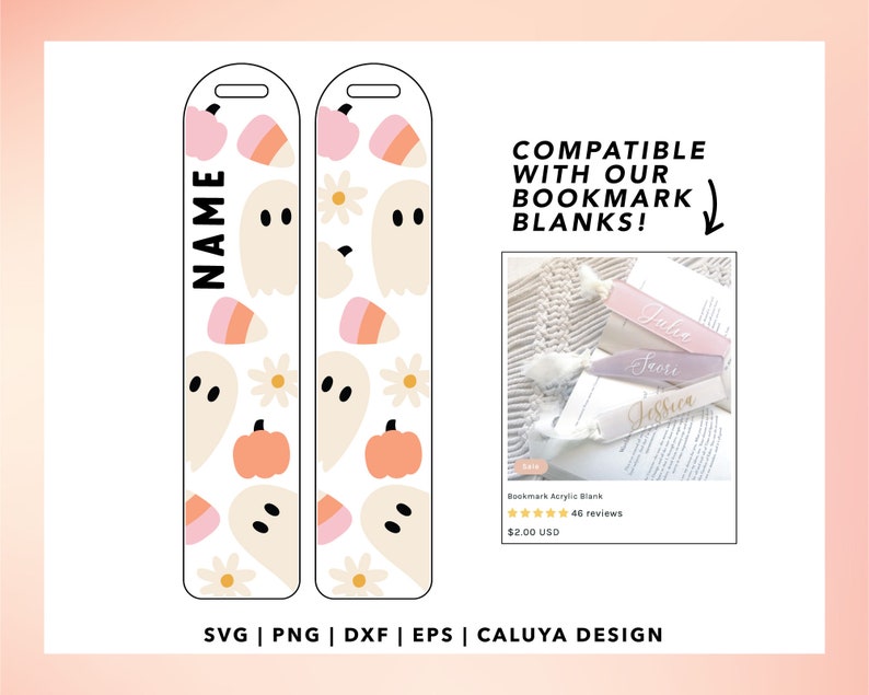 May include: Two printable bookmark designs featuring a Halloween theme with ghosts, pumpkins, candy corn, and flowers. The text "NAME" is included on the left bookmark. The text "COMPATIBLE WITH OUR BOOKMARK BLANKS!" is included at the top of the image.  A photo of three bookmarks with names written on them is included below the text.
