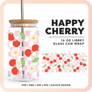 16oz Libbey Can Wrap SVG | Checkered Cherry SVG | Retro Fruits Cup Wrap SVG | Groovy Cherry Sublimation png | Trendy Cherry Cup Wrap svg