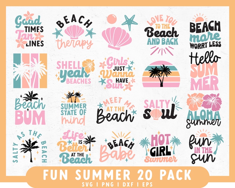 May include: A collection of 20 summer-themed designs with phrases like "Beach Therapy," "Aloha Summer," and "Fun in the Sun." The designs feature palm trees, seashells, and other beach-related graphics in a variety of colors, including pink, teal, and orange.