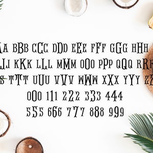 May include: Black serif font alphabet and numbers arranged on a white background. The letters and numbers are in a decorative style. Tropical fruit and a straw hat are in the background.