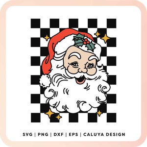 May include: A cartoon illustration of Santa Claus with a red hat and white beard, smiling with his eyes closed. The background is a black and white checkered pattern with gold stars.