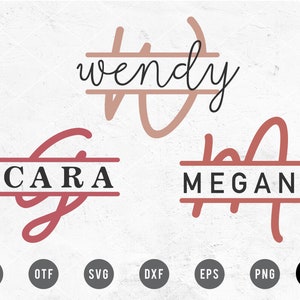 Puede incluir: Tres diseños de monograma dividido con los nombres "Wendy", "Cara" y "Megan" escritos en letra cursiva. Los nombres están divididos por una línea horizontal. Los diseños son en rosa y negro.