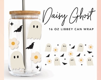 BUY 5 GET 30% Off | cute ghost svg for glass cup | Halloween Ghost with Daisy SVG, Libbey Can Wrap svg, Fall Beer Glass can svg, sublimation